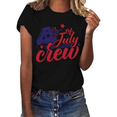 Imagem de Camisetas femininas Memorial Day com bandeira americana listras estrelas EUA manga curta gola redonda camiseta básica, Preto, 3G