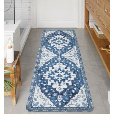 Imagem de Uphome Tapete de banheiro vintage azul boho antiderrapante longo tapete de banho oriental macio lavável à máquina tapete de quarto tradicional tribal floral para cozinha, corredor, quarto de crianças,