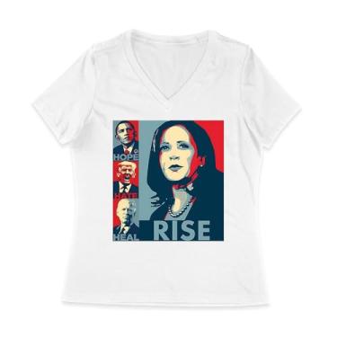 Imagem de Camiseta com estampa política Hope, Hate, Heal, Rise – Arte inspiradora ousada com Kamala, Obama, Trump e Biden, Branco, XXG