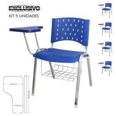 Imagem de Cadeira Universitária Plástica Azul Com Porta Livros Base Prata 5 Unid