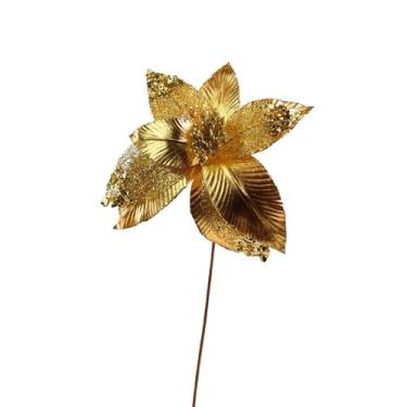 Imagem de 2 Flor Natalina Bico de Papagaio Metalizada Dourada 36CM - Magizi