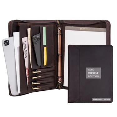 Imagem de Fichário de padfólio - fichário de 3 anéis tamanho carta A4, organizador de pasta de couro marrom escuro Crazy Horse com gravação de nome grátis. Inclui suporte para cartão de visita e bloco de