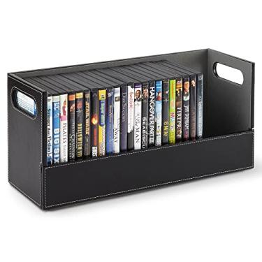 Imagem de Stock Your Home Caixa de armazenamento de DVD, organizador de prateleira de filmes para Blu-Ray, capas de videogame, CDs, suporte de fita VHS, suporte de disco pode armazenar até 28 DVDs, couro