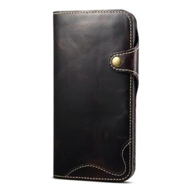 Imagem de HAO RIYLN Capa carteira para iPhone 16 Pro Max/16 Pro/16 Plus/16, capa de couro genuíno com proteção flip Wristrap fecho magnético retrô à prova de choque capa interna de TPU (poliuretano