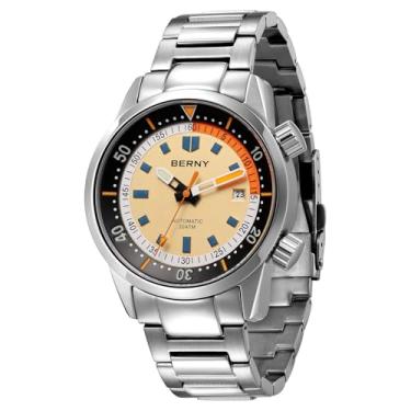 Imagem de BERNY Relógio de mergulho masculino automático mecânico 20 ATM relógio de pulso safira vidro super luminoso masculino mergulhador relógios, Bege, Moderno