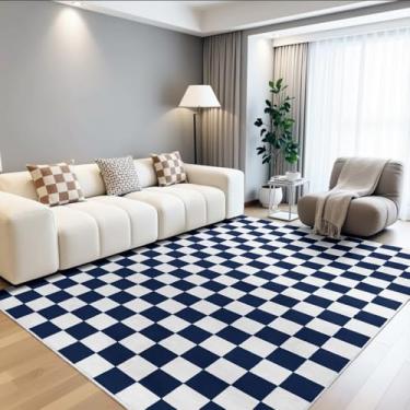 Imagem de Terrug Tapete xadrez azul marinho e branco para quarto, tapetes de área de 7 x 12 cm laváveis com antiderrapante para sala de estar, tapete retrô macio de baixa resistência a manchas para dormitório