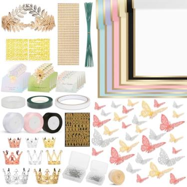 Imagem de Kit de papel de embrulho de buquê de flores, 60 folhas de papel impermeável, 36 borboletas, 8 coroas, 1 faixa de cabeça, 4 fitas, 15 cartões, 100 alfinetes de diamante, 30 fios florais, 3 adesivos, 3