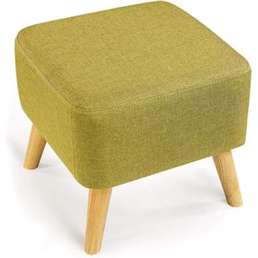Imagem de Banqueta quadrada de madeira estofada, banquinho para cadeira otomana, capa de tecido, 4 pernas e capa de linho removível (branca) entrada, verde grama, tamanho único