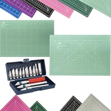 Imagem de Kit Base de Corte A3 45x30cm Patchwork Artesanato Scrapbook Dupla Face Multiuso AutoCura Jogo Estilete de Precisão Profissional 13 Peças (Tiffany)