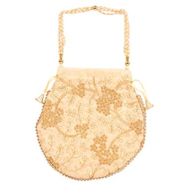 Imagem de Touchstone Tradicional indiano bordado à mão floral pérolas falsas cordas presentes de compras joias casamento distribuição doce cordão chique bolsa de creme bolsa para mulheres.