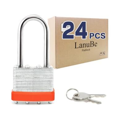 Imagem de LanuBe Cadeado com chave laminada (1-9/40.6 cm, 40 mm), fechaduras semelhantes com chave, manilha longa, aro de plástico laranja marcado, pacote com 24