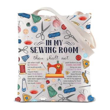Imagem de JYTAPP In My Sewing Room Sacola de esgoto presentes para máquina de costura Sacos de costura Regras de sala de costura Bolsa de ombro Presentes para amantes de costura, Bege, Large