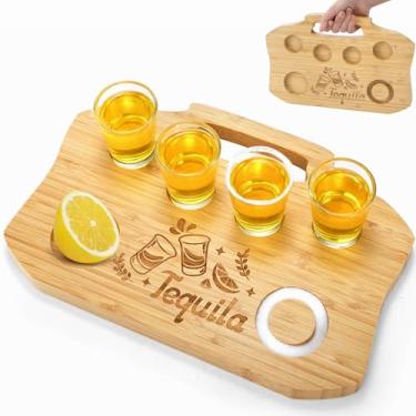 Imagem de Tebery Tábua de tiro de tequila com 6 compartimentos, placa de tequila com 4 copos portáteis, bandeja de servir copos de bambu com borda de sal, suporte de copo de shot para bebidas, bar, inauguração