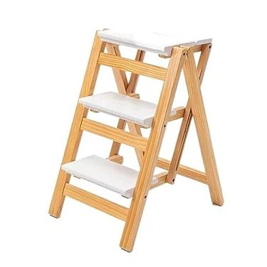 Imagem de Escada dobrável Banco para escada de 3 degraus, escada dobrável de madeira maciça, escada portátil leve com pedal largo antiderrapante, banco largo para biblioteca, escritório, casa, 330 libras Banco
