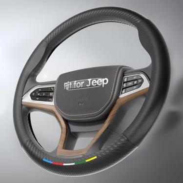 Imagem de Wigoo Capa de volante de carro compatível com Jeep [design ergonômico, ultra respirável] Capa de roda de couro preto para melhor controle, acessório de carro para mulheres e homens, 37 cm a 38 cm