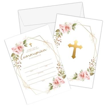 Imagem de Convites de batismo cristão floral rosa blush com envelopes - Convites de primeira comunhão de folha dourada - batizado, dedicação de bebê, lembrancinhas de celebração religiosa (pacote com 25)-02