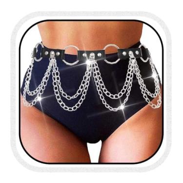 Imagem de Cosydays Cinto de corrente de couro punk preto arnês correntes de corpo em camadas corrente de barriga roupas de festa rave joias de corrente corporal para mulheres e meninas (estilo: A)