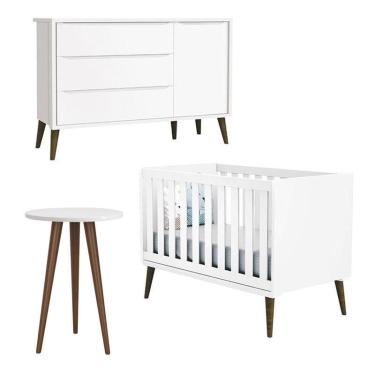 Imagem de Berço Americano com Cômoda Sapateira Infantil e Mesa de Canto Theo Branco Pés Amadeirados – Reller