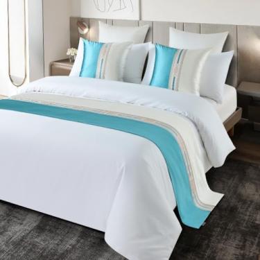 Imagem de Tapete de cama de hotel de luxo, macio, confortável, protetor de cama, cachecol elegante, capa de cama casal com detalhes decorativos para quarto, casa, hotel, casa de hóspedes, toalha de cama azul ||