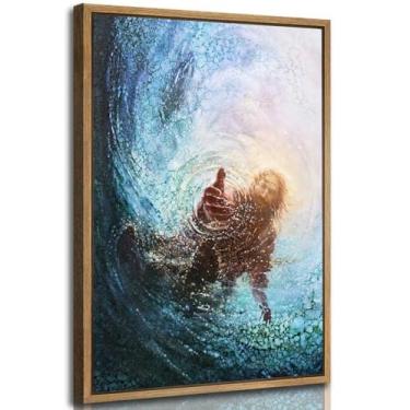 Imagem de Arte de parede em tela cristã de Jesus com moldura Mão de Deus chegando à água Imagem Bíblia Cristo Religião Pintura de Parede Pôster Impressão para Sala de Estar Banheiro Quarto Igreja Decoração de