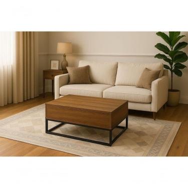 Imagem de Mesa De Centro Baú Elevável Amadeirado Escuro Vira Mesa De Apoio Mdf 15mm E Ferro