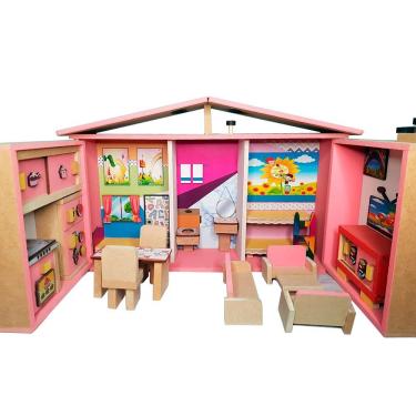 Imagem de Casinha De Boneca Com Móveis Estilo Maleta - Madeira - 5 Ambientes - Rosa