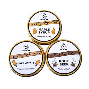 Imagem de Terry's Twig Wax - Pacote de amostras de mini lata (x3) - Xarope de bordo, creme, aroma de cerveja de raiz (cera de taco de hóquei com aderência extra) para fita de hóquei, controle de disco, truques