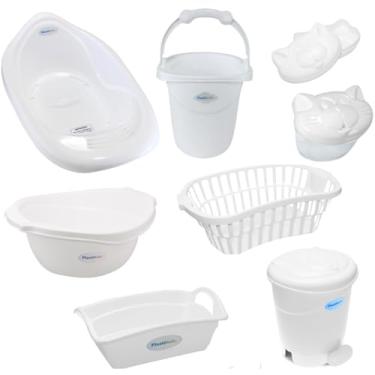 Imagem de Kit banho Bebê 8 Peças Plastibaby Banheira Bacia Lixeira Balde Cesto Organizador Saboneteira e Porta Chupeta (Branco)