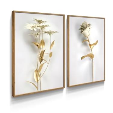 Imagem de Quadros Decorativos com Moldura e Vidro Tamanho A3 Flor Botanico Dourado Luxo Sala Gold (Madeira Natural, Com Vidro)