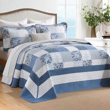 Imagem de SahSahCasa 100% algodão, 325 x 304,8 cm, conjunto de colcha de cama king da Califórnia, grande, xadrez, paisley, floral, extragrande, reversível, GG, edredom leve, azul/branco/cinza