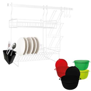 Imagem de Escorredor de Louças Suspenso Organizador com Porta Talheres + 4 Potes- Aço (BRANCO)