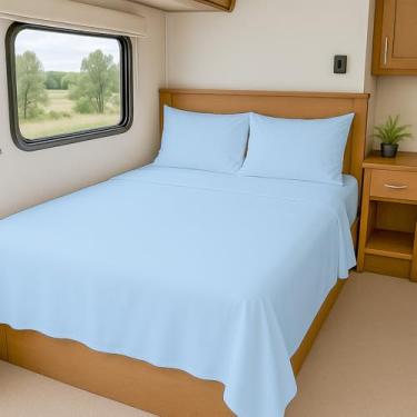 Imagem de Lençóis para RV 100% algodão egípcio - Lençol curto Queen 152,4 cm x 188,0 cm de qualidade premium 4 peças para campistas - 500 fios azul bebê liso com bolso profundo de 15,2 a 25,4 cm de profundidade lençóis de campista de qualidade premium folhas de trailer personalizadas