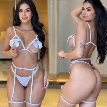 Imagem de Conjunto Vazado Sensual Lingerie Completo Cinta Liga Calcinha Fio - Li