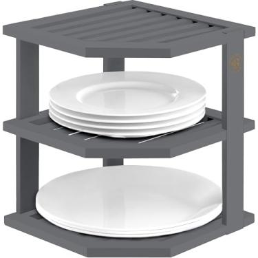 Imagem de Prateleira organizadora de armário – Rack de canto de bambu para balcão de cozinha, economia de espaço para pratos, pratos, tigelas, despensa de pão, armazenamento de banheiro ou suporte de bancada