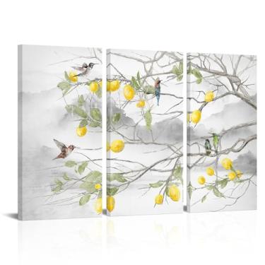 Imagem de LyerArtork 3 painéis pintura beija-flor arte de parede impressões em tela pássaros em ramos de limoeiro imagem rústica contemporânea arte para sala de estar cozinha escritório 40.6 cm x 81.6 cm x 7.6