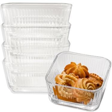 Imagem de Conjunto de tigelas de lanche de cereais listradas verticais de vidro transparente de 10 cm, 283 g, prato quadrado de frutas, pacote com 4 pratos laterais de cristal, tigela de servir iogurte vintage