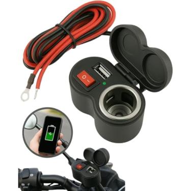 Imagem de Carregador USB Moto 12V À Prova D'Água Entrada Isqueiro Tomada Adaptador Led Suporte Interruptor Instalação Rápida Cabo 1,20m Guidão Carrega Celular GPS Acessórios 10A Universal Resistente