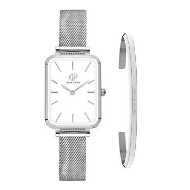 Imagem de Relógio Quadrado Prata Feminino Elegante + Bracelete Casual New Port Kit