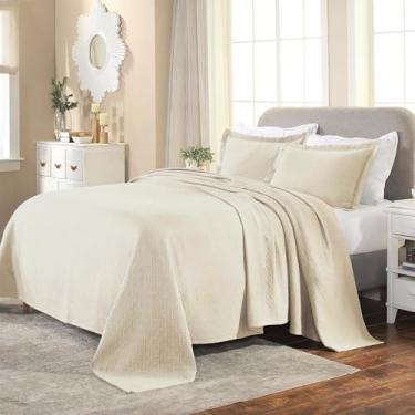 Imagem de Superior Conjunto de colcha de 3 peças de trama de cesta 100% algodão, decoração de cama para casa, colcha decorativa, 2 fronhas, cobertor de peso médio, capa de cama de matelasse, padrão geométrico