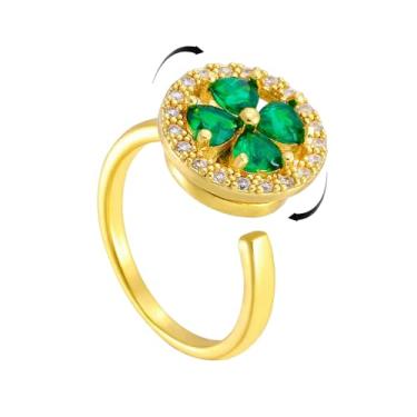 Imagem de Anel giratório redondo CZ com folha de trevo de coração para mulheres, banhado a ouro, ajustável, expansível, 4 folhas, envoltório aberto, anéis de ansiedade, ajuste confortável, delicado, casamento