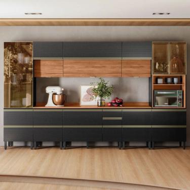 Imagem de Cozinha Completa Proença 12 Portas 10 Gavetas 100% Mdf com Vidro Dp3702mf Nogueira/Carbono Prime Tx - Demobile