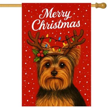 Imagem de BlissYard Merry Christmas, bandeira de jardim Yorkshire terrier, chifres de rena, luzes de Natal 71 x 101 cm, bandeiras grandes de quintal dupla face para amantes de cães, varanda, casa, exterior