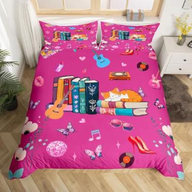 Imagem de jejeloiu Capa de edredom de gato, tamanho casal, cantora, música, para mulheres, gatos, livros, moda, capa de edredom roxo, estética, decoração de quarto, colcha, 3 peças