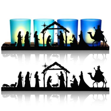 Imagem de LemonRoad O conjunto de castiçais votivos de Natal inclui 1 bandeja de madeira e 4 velas de vidro para chá de oração religiosa, mesa católica, centro de mesa, decoração de cornija de casa interna para