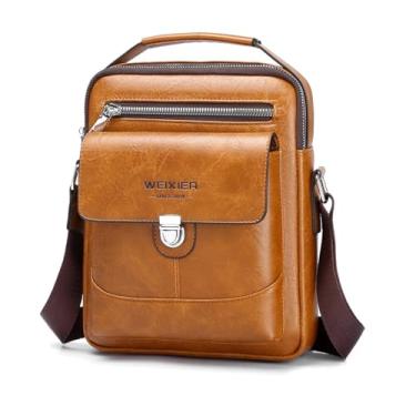 Imagem de Bolsa mensageiro masculina transversal pequena vintage couro PU bolsa bolsa transversal lateral, Bolsa de ombro marrom, 7.87"L x 9.05"H x 1.97"W