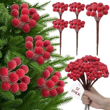 Imagem de Leinuosen Pacote com 12 palhetas de baga vermelha açucarada para árvore de Natal, 22 cm, guirlanda de Natal artificial, galhos, enfeites para decoração de mesa de casa