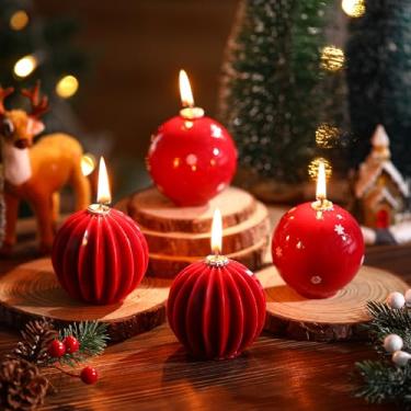 Imagem de Treela 4 peças de velas de bola de Natal, floco de neve e lanterna de 7,6 cm, vela redonda sem cheiro, presente para Natal, inverno, decoração de férias, cozinha, ano novo, mesa de festa, centro de