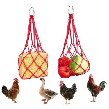 Imagem de Rede para alimentador de aves de capoeira, 2 peças – Saco de vegetais de frango, brinquedo de galinha para galinheiros, saco de vegetais pendurado, brinquedo de enriquecimento para galinhas, patos