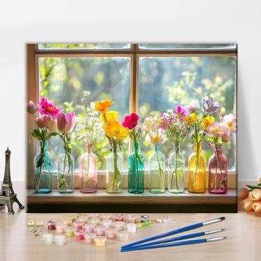 Imagem de Pintura por números para adultos flores silvestres coloridas em garrafas de vidro por janela, kit de arte faça você mesmo com tintas acrílicas em tela de 40,6 x 50,8 cm, pintura floral relaxante para