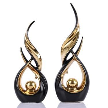 Imagem de Decoração de casa abstrata preta e dourada de 2 peças, escultura abstrata de cerâmica, arte moderna, adequada para bancadas de mesa de café, estantes de livros, centros de mesa de jantar, decoração de